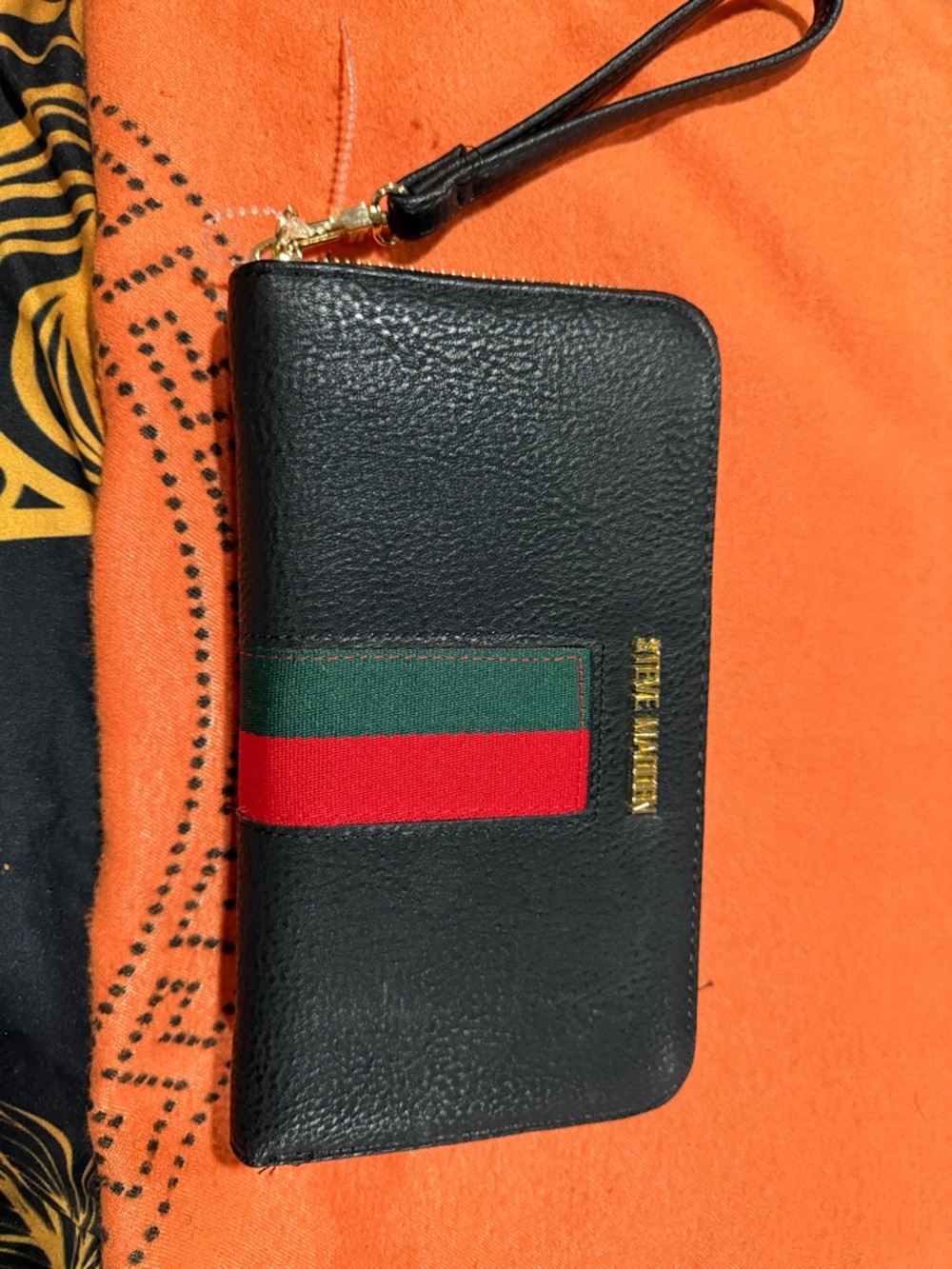 Black Wristlet Wallet with Green and Red Stripe Steve Madden